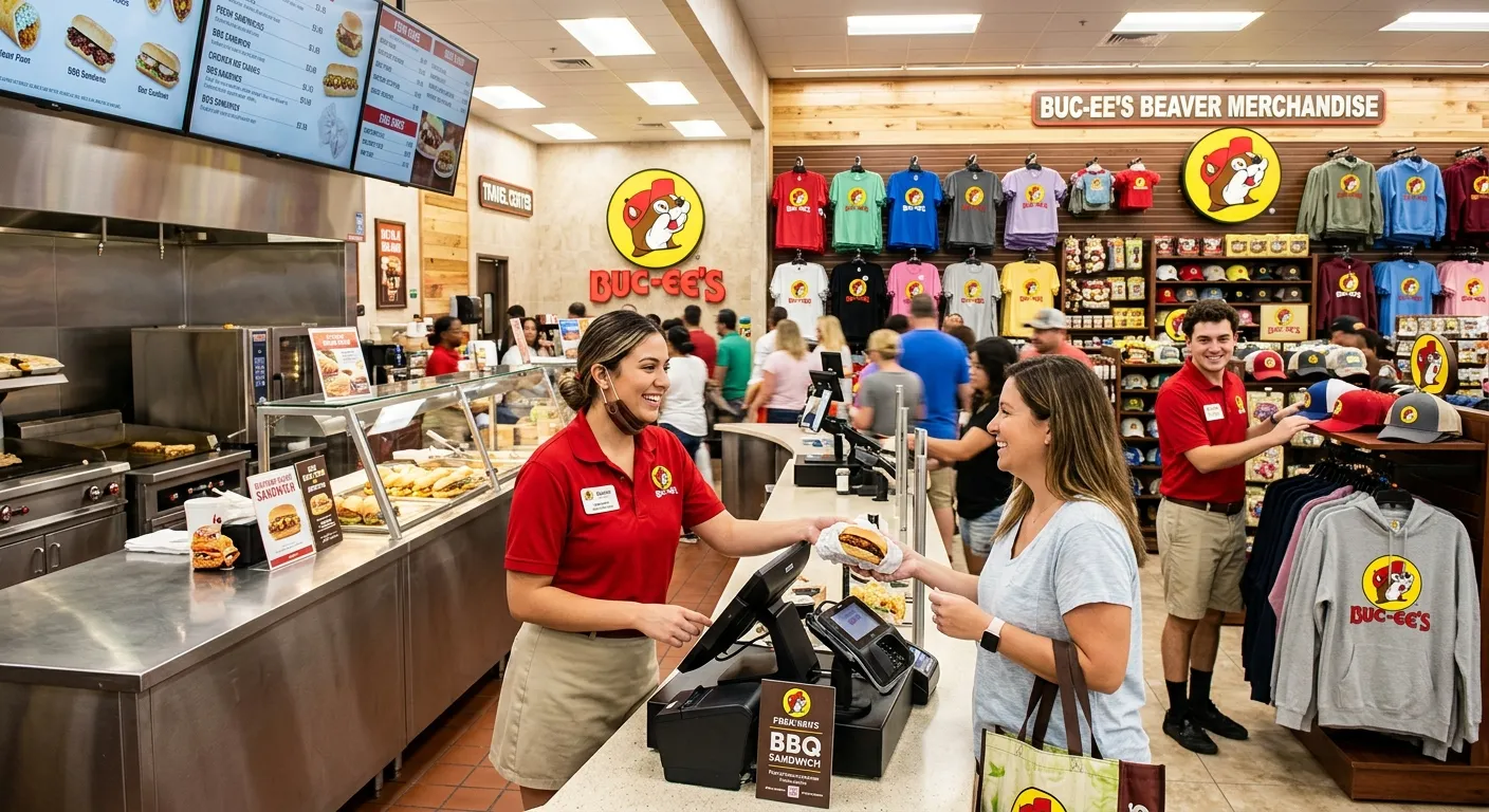 A vibrant, energetic photo inside a busy Buc-ee's travel center. Focus on friendly staff members in their uniforms assisting customers at a sparkling clean food counter and a well-stocked merchandise wall. Warm, inviting lighting, style: modern corporate photography.