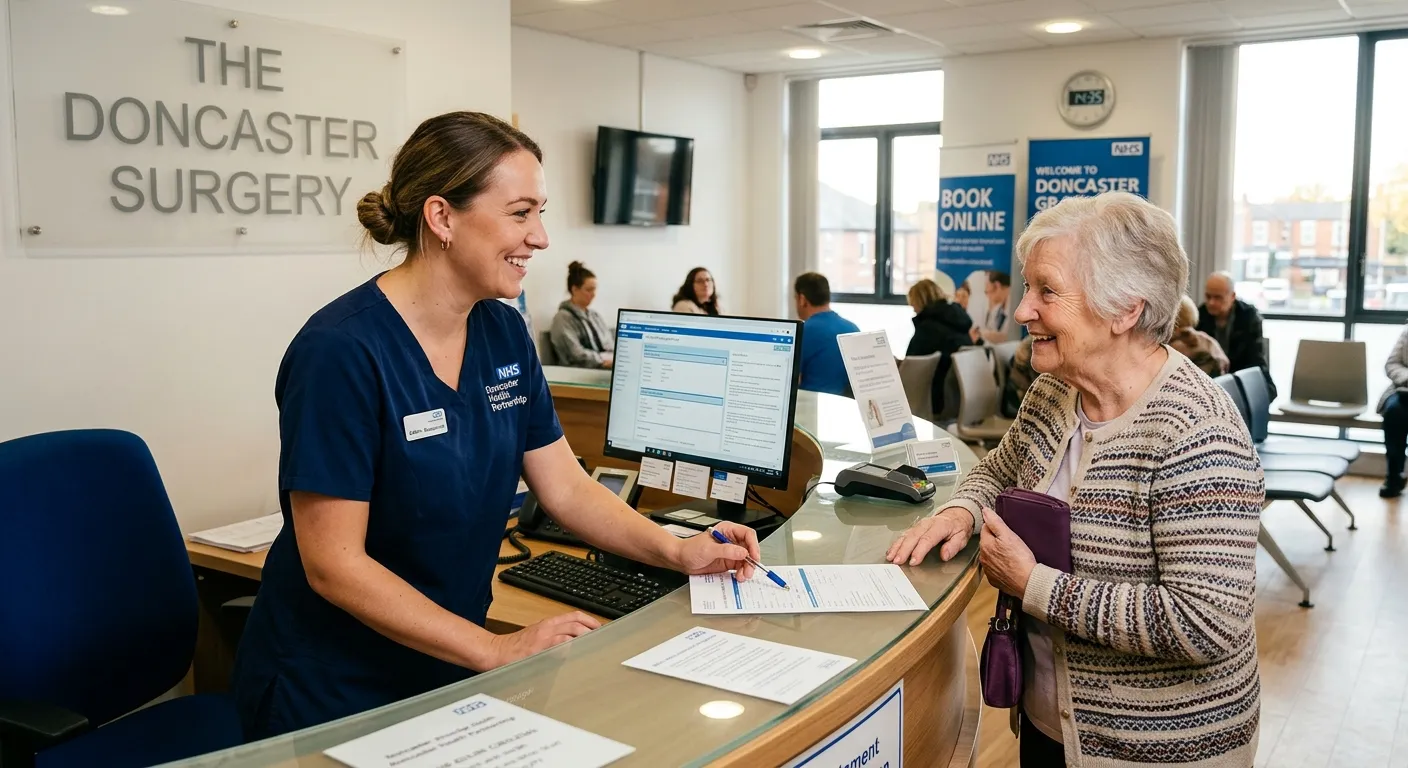 A professional, friendly Medical Receptionist in a modern Doncaster GP surgery, smiling while helpin... A professional, friendly Medical Receptionist in a modern Doncaster GP surgery, smiling while helping a patient at the front desk. The style should be warm, authentic, and healthcare-focused.
