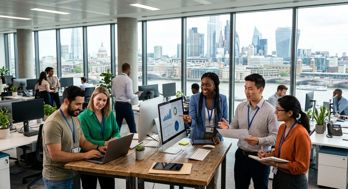 A dynamic, professional photo of diverse temporary workers collaborating in a modern London office,... A dynamic, professional photo of diverse temporary workers collaborating in a modern London office, with iconic London skyline visible through the windows. Style: Energetic, professional, diverse. Mood: Busy, efficient, and connected.