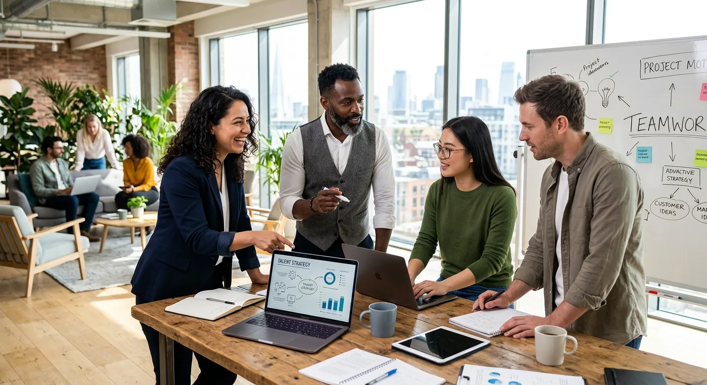 A diverse group of modern professionals collaborating in a bright, sunlit office, representing succe... A diverse group of modern professionals collaborating in a bright, sunlit office, representing successful talent sourcing and teamwork. Style: professional, aspirational, high-resolution.