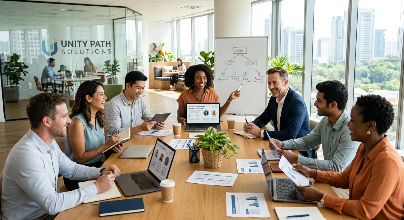 A diverse group of modern professionals collaborating in a bright, sunlit office, representing successful talent sourcing and team integration. Style: Professional, vibrant, and aspirational.