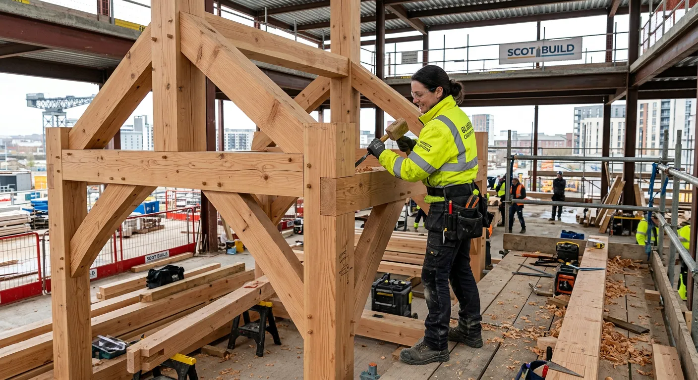 A professional, confident joiner in high-visibility clothing working on a quality, bespoke timber frame inside a modern construction site in Glasgow, showcasing precision and skill.