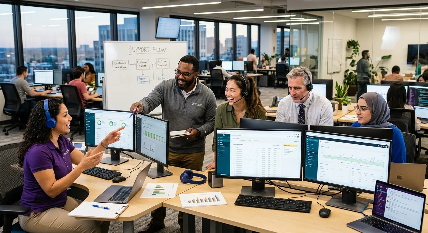 A professional, dynamic photo of a diverse customer service team in a modern office or remote setting, collaboratively solving problems on multiple screens, conveying energy and competence.