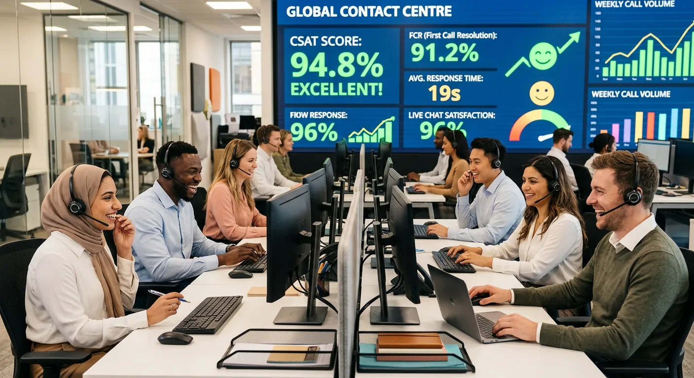 A diverse, professional team of customer service representatives in a modern contact centre, smiling... A diverse, professional team of customer service representatives in a modern contact centre, smiling and wearing headsets, with a backdrop of digital screens showing positive customer satisfaction metrics. Professional, bright, and engaging mood.