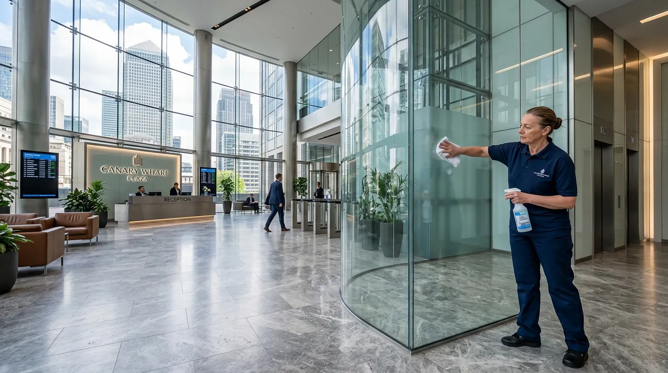 A wide, professional shot of a pristine, modern office lobby in a Canary Wharf skyscraper, with a cl... A wide, professional shot of a pristine, modern office lobby in a Canary Wharf skyscraper, with a cleaning professional in a crisp uniform attentively polishing a glass surface. The mood is sleek, efficient, and high-end.