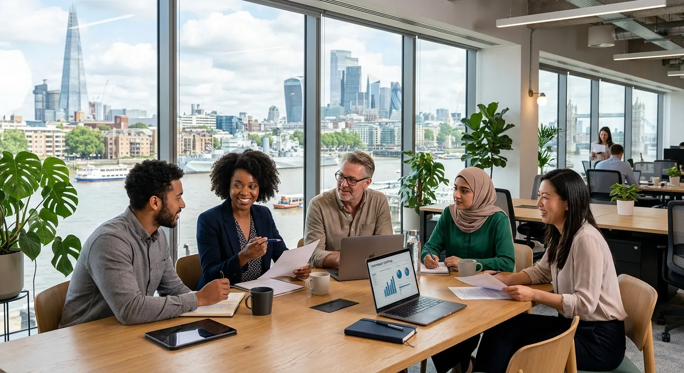 A professional, diverse group of temporary workers in a modern London office setting, looking engaged and collaborative, with iconic London skyline visible through large windows. Style: Professional stock photo, bright and aspirational mood.