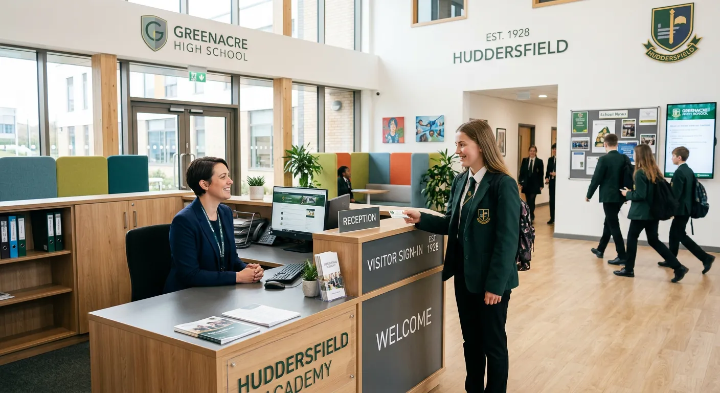 A professional, welcoming image of a modern school reception area in Huddersfield, with a friendly a... A professional, welcoming image of a modern school reception area in Huddersfield, with a friendly administrator at a tidy desk, welcoming a student. The mood is efficient, organised, and friendly.