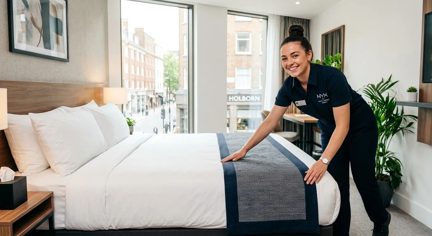 Professional, welcoming photo of a Room Attendant in a crisp uniform, smiling while making a bed in a modern, well-lit hotel room in Holborn. The image conveys cleanliness, professionalism, and a positive work environment.