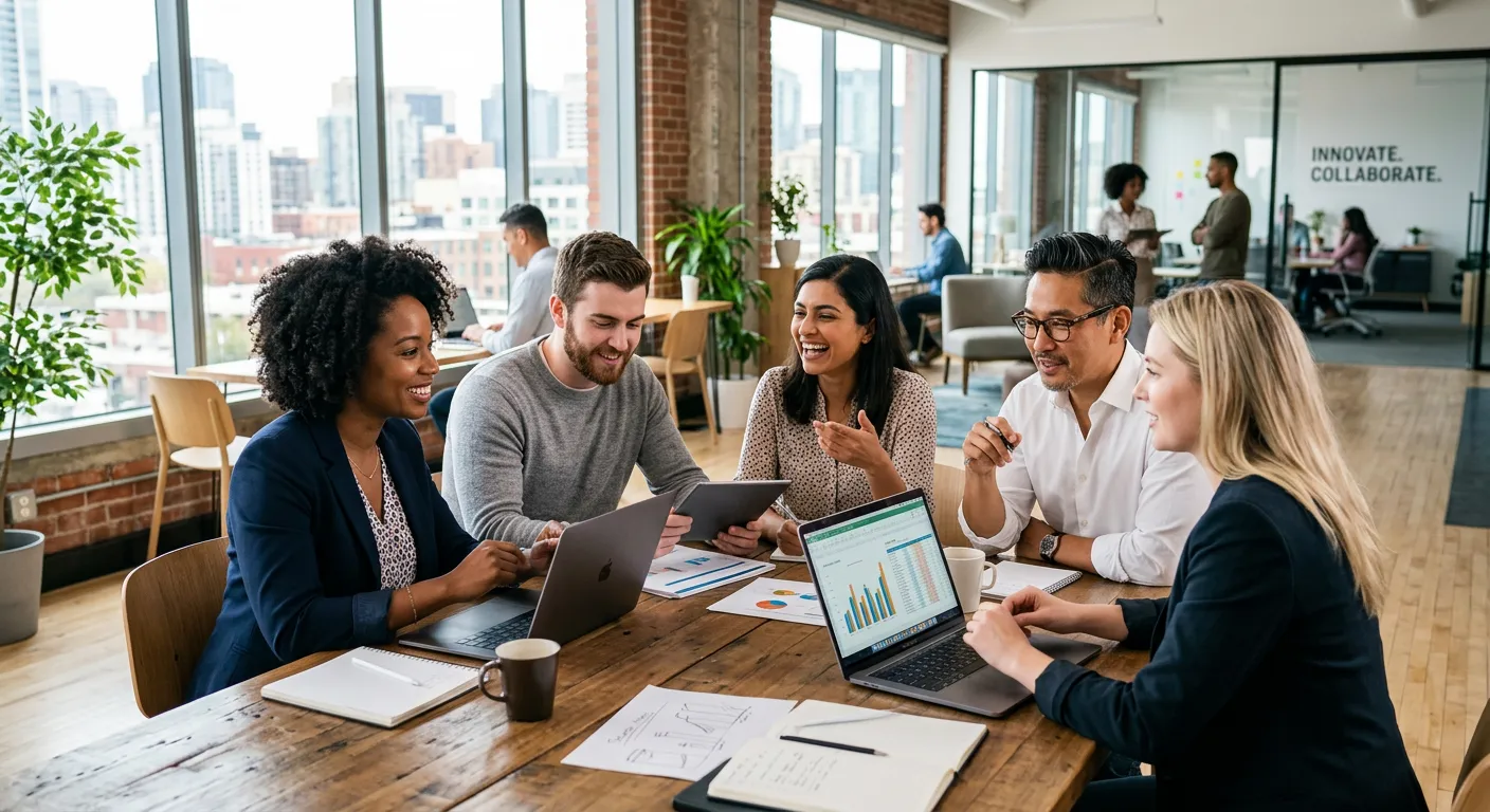 A diverse group of modern professionals collaborating in a bright, open-plan office. Style: Professional, aspirational, high-resolution stock photo. Mood: Dynamic, innovative, and successful.