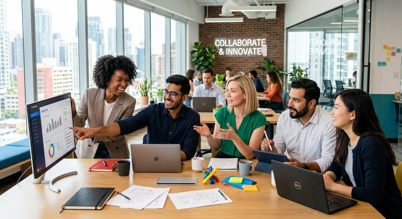 A diverse group of modern professionals collaborating in a bright, open-plan office. Focus on teamwork and dynamic interaction. Style: Professional corporate photography, vibrant and aspirational.