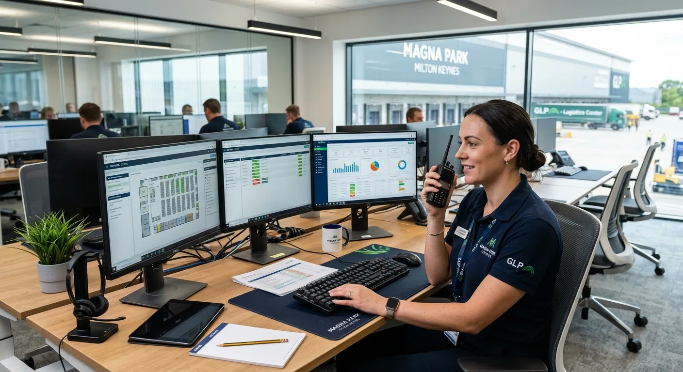 A professional, well-lit photo of a modern logistics coordination office within Magna Park Milton Keynes. Shows a person at a desk with multiple monitors displaying a warehouse management system, holding a radio, looking engaged and efficient. The mood is organised, dynamic, and professional.