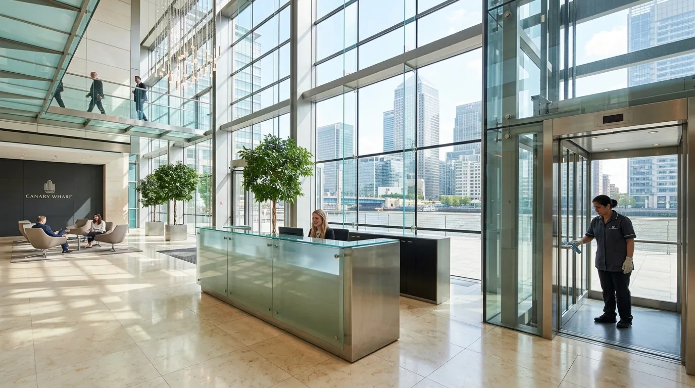 A wide-angle, professional shot of a sparkling, modern office lobby in Canary Wharf. Sunlight stream... A wide-angle, professional shot of a sparkling, modern office lobby in Canary Wharf. Sunlight streams through floor-to-ceiling windows, highlighting a spotless glass reception desk and polished marble floors. A professional cleaner in a crisp uniform is subtly visible in the background, wiping down a surface. Mood: Professional, immaculate, and high-end.
