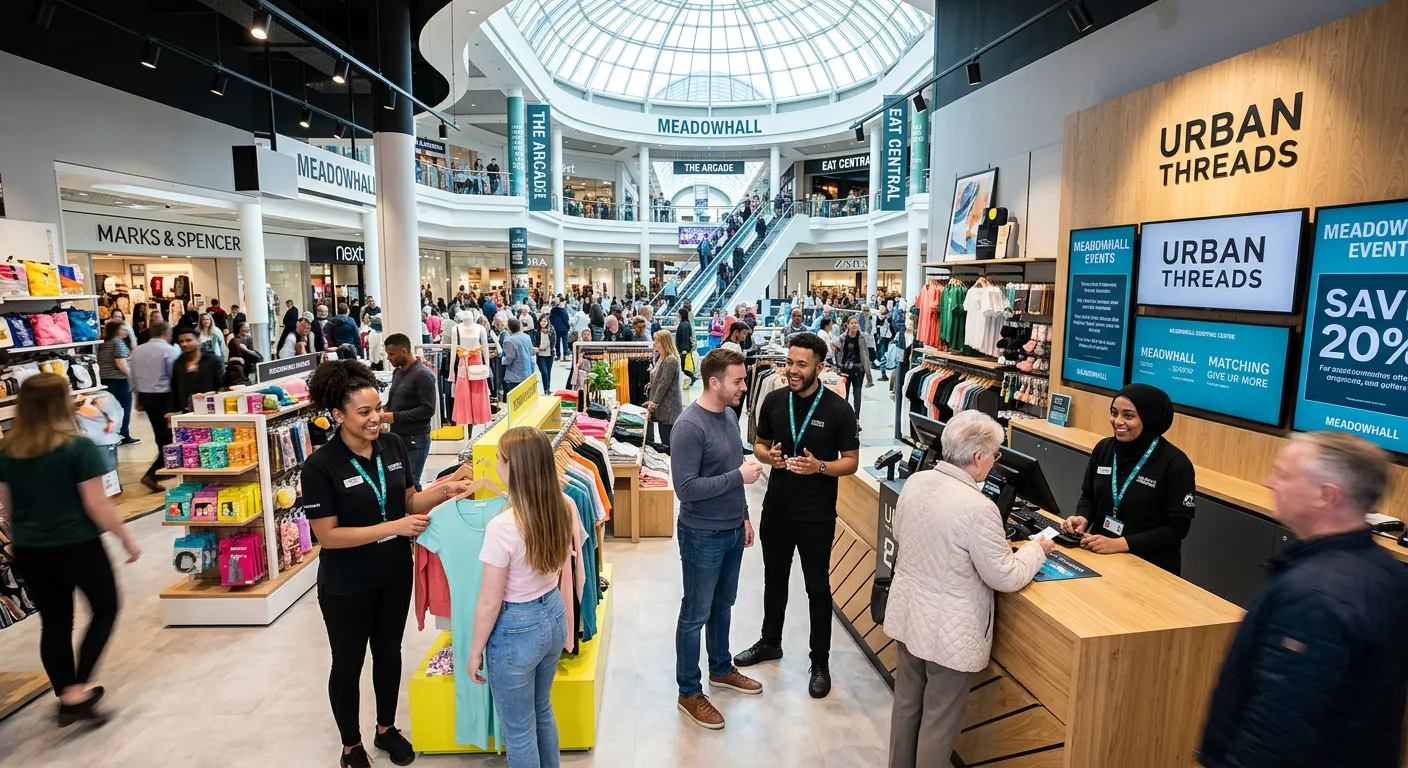 Dynamic, professional hero image of Meadowhall Shopping Centre's bustling interior, focusing on diverse retail staff interacting with customers in a modern store. Wide-angle shot with vibrant colors and a sense of energy and professionalism.