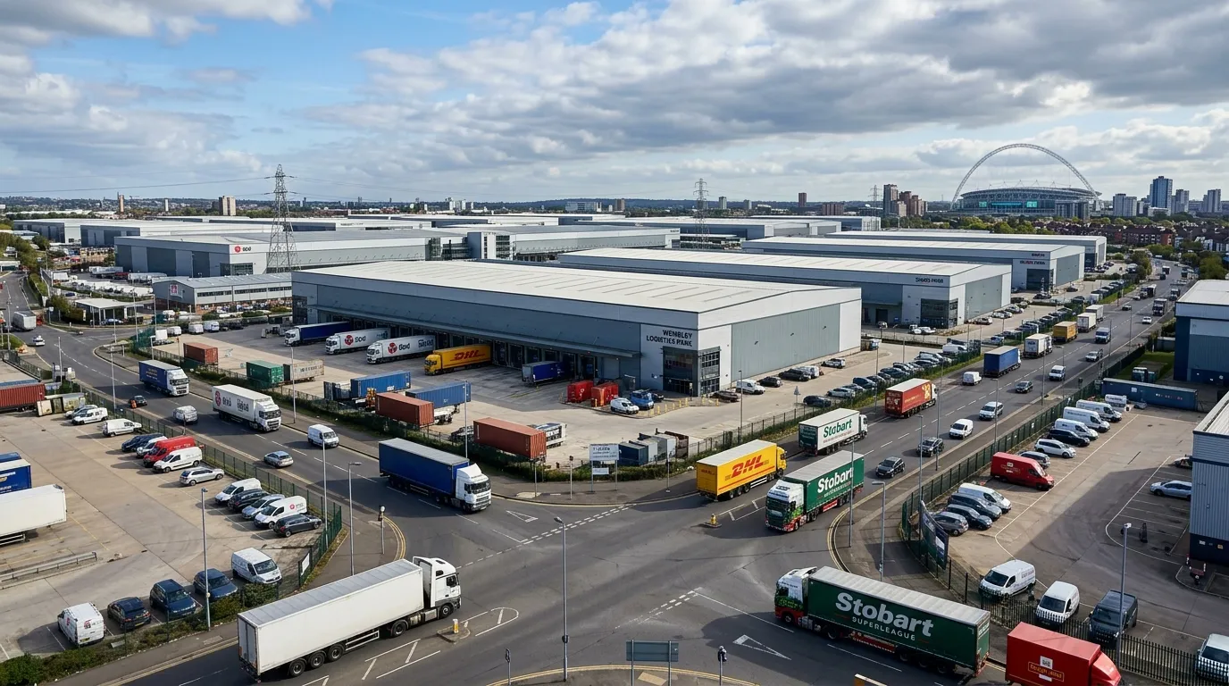 A wide-angle photo of the modern Wembley industrial park skyline during the day, showing large warehouse facilities with lorries in the foreground, highlighting the area's scale and activity.