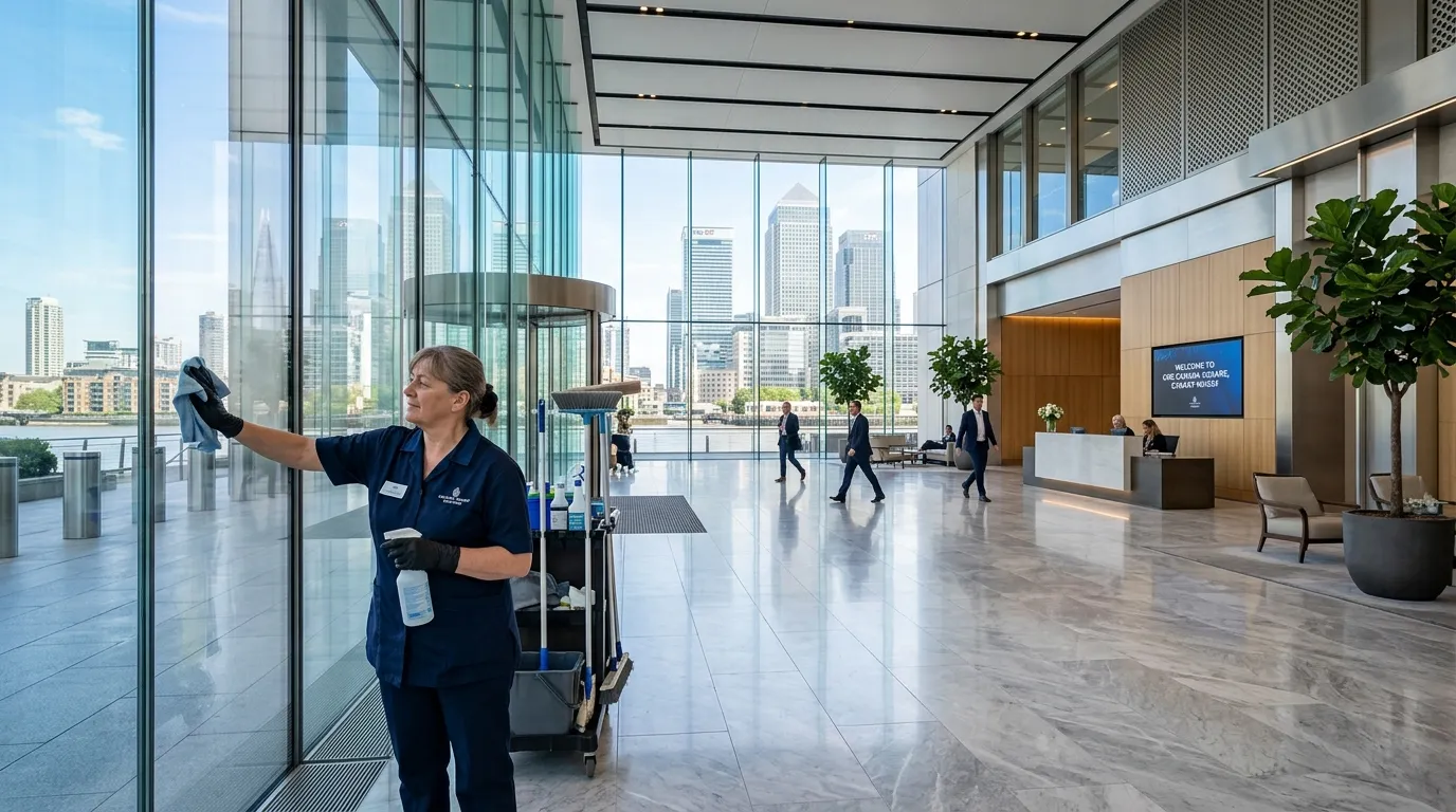A wide, professional shot of a pristine, modern office lobby in Canary Wharf with floor-to-ceiling w... A wide, professional shot of a pristine, modern office lobby in Canary Wharf with floor-to-ceiling windows, polished floors, and a cleaning professional in uniform attentively wiping a glass surface, conveying efficiency and prestige.