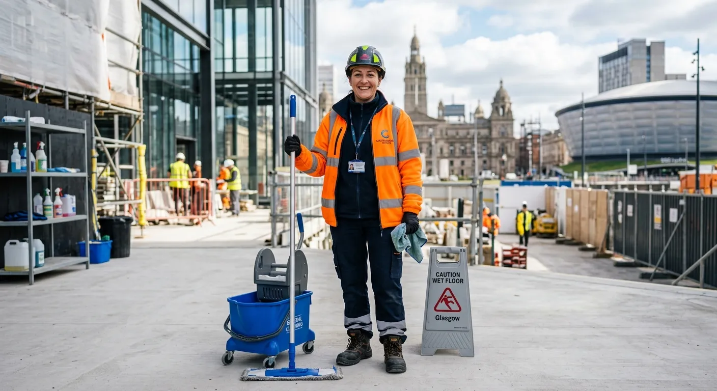 A professional, well-lit photo of a smiling, reliable-looking site cleaner in high-visibility attire... A professional, well-lit photo of a smiling, reliable-looking site cleaner in high-visibility attire, holding cleaning equipment, standing in a clean, modern commercial or construction site environment in Glasgow city centre. The image should convey professionalism, safety, and trustworthiness.