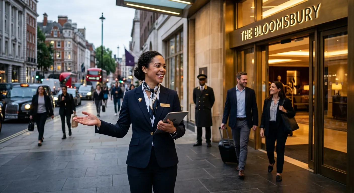 A professional, welcoming front-of-house team member in a smart uniform, greeting guests at the entrance of a modern London hotel or restaurant. The image should convey a sense of professionalism, hospitality, and the vibrant energy of central London.