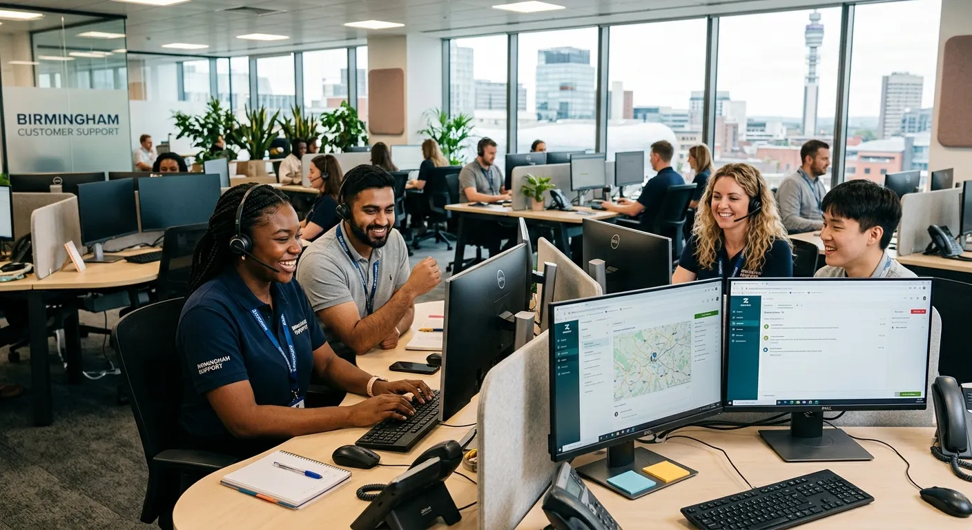 A professional, diverse group of customer service advisors in a modern Birmingham city centre office, smiling and working collaboratively at desks with headsets and computers. The image conveys energy, professionalism, and a welcoming, supportive team atmosphere.