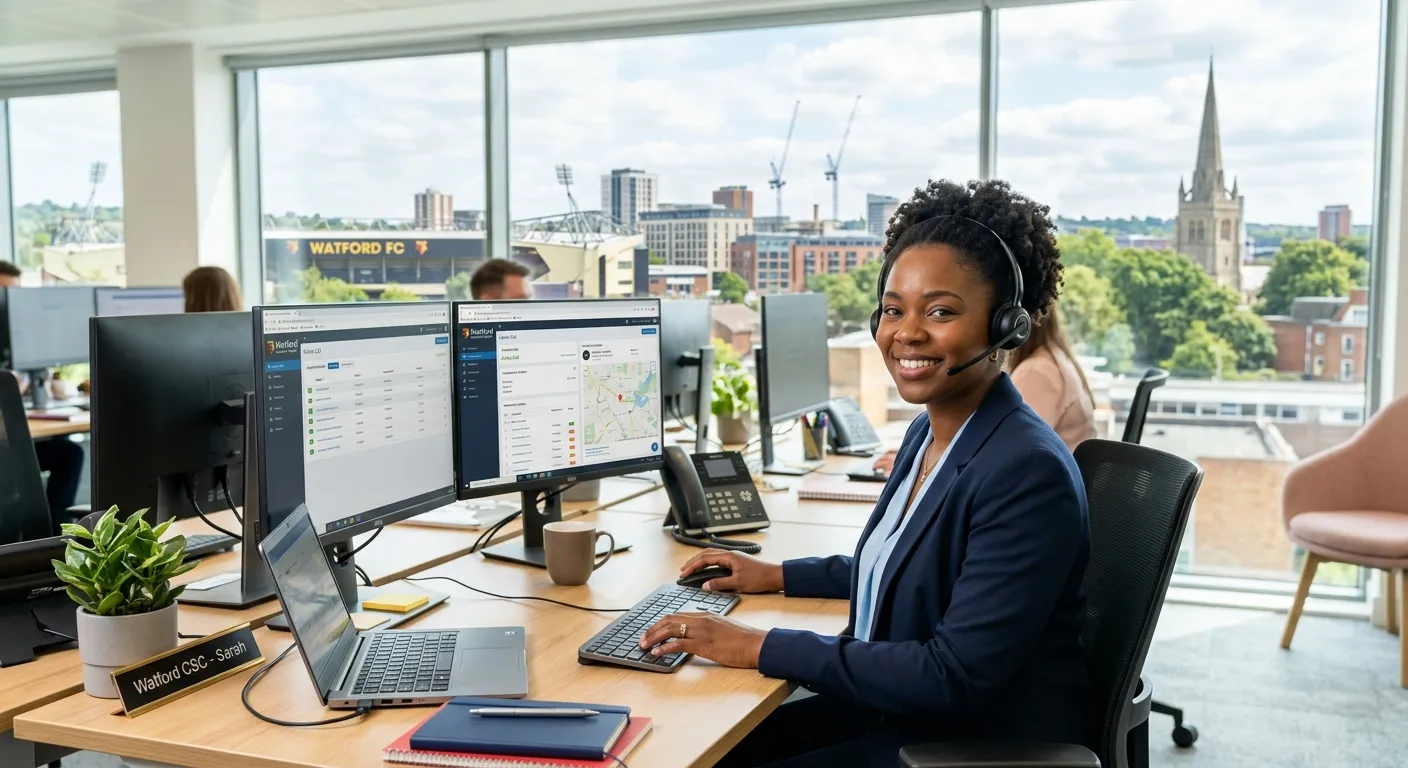 A professional customer service representative wearing a headset, smiling while working at a modern desk with a computer, in a bright office environment. The background shows a city skyline with Watford landmarks. The image conveys friendliness, professionalism, and readiness to help.