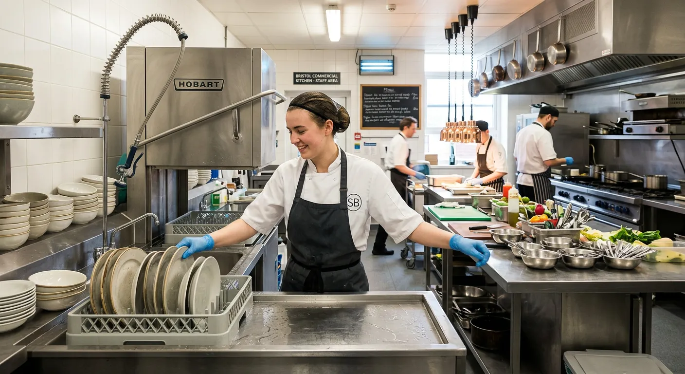 A professional, well-lit photograph of a modern commercial kitchen in Bristol. A Kitchen Assistant i... A professional, well-lit photograph of a modern commercial kitchen in Bristol. A Kitchen Assistant in clean uniform is efficiently washing dishes and organising a prep area, with other team members in the background. The mood is busy, professional, and hygienic.