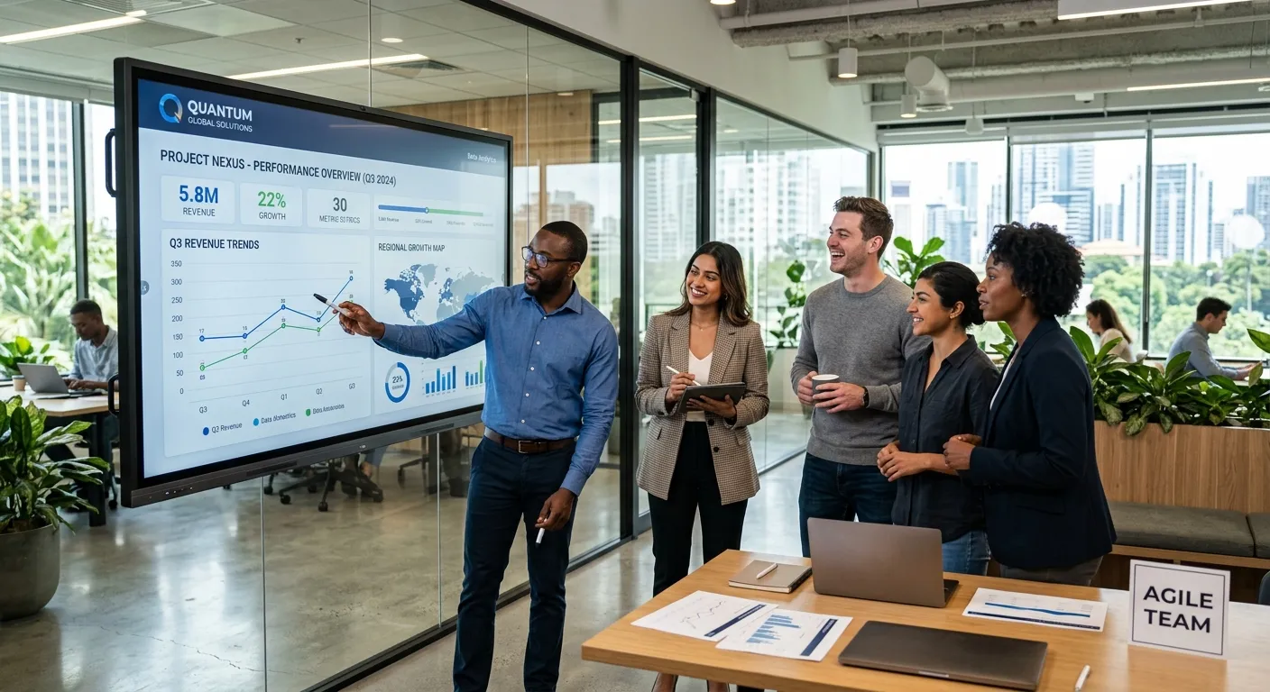 A modern, diverse team of professionals collaborating in a bright office setting, looking at data on... A modern, diverse team of professionals collaborating in a bright office setting, looking at data on a large screen. Style: Professional, vibrant, and forward-looking.