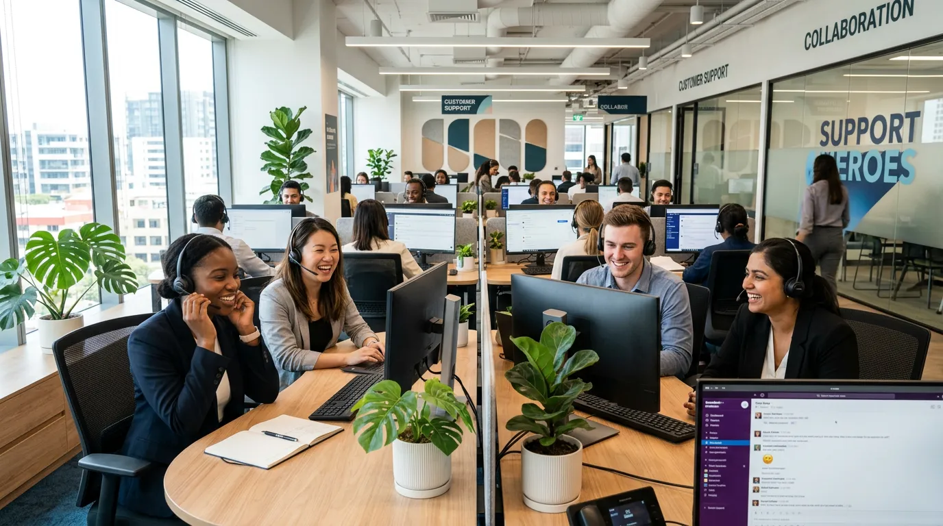 A diverse, professional team of customer service representatives in a modern call centre or office, smiling and wearing headsets, with a clean, bright, and collaborative atmosphere. Hero style, wide-angle.