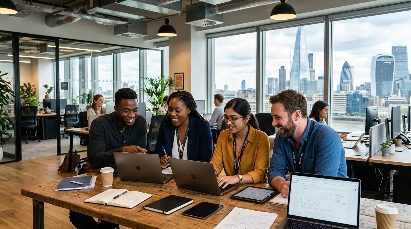 A dynamic, professional hero image showing diverse temporary workers collaborating in a modern London office setting, with iconic London skyline visible through windows. Style: Vibrant, professional, action-oriented. Mood: Energetic, efficient, and connected.