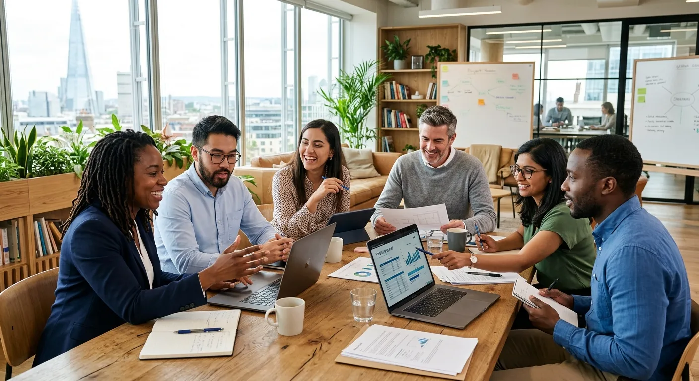 A modern, diverse team of professionals collaborating in a bright, sunlit office. Focus on their eng... A modern, diverse team of professionals collaborating in a bright, sunlit office. Focus on their engagement and teamwork. Style: Professional, vibrant, high-resolution corporate photography.