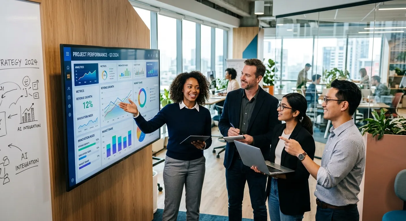 A modern, diverse team of professionals collaborating in a bright, open-plan office, looking at a data dashboard on a large screen. Style: Professional, aspirational, high-resolution. Mood: Innovative, successful, and forward-thinking.