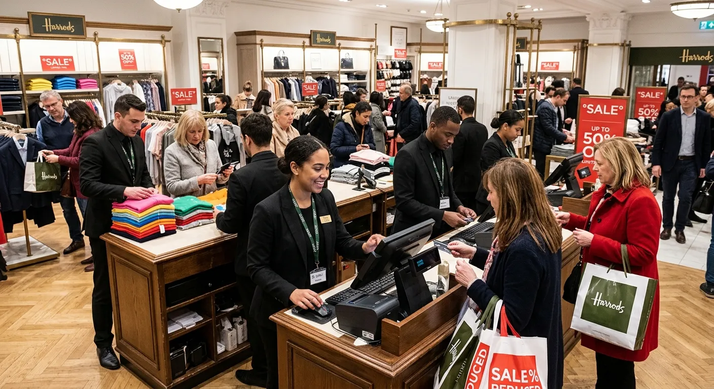 A dynamic, bustling scene inside a high-end London retail store during a sale period, showing well-d... A dynamic, bustling scene inside a high-end London retail store during a sale period, showing well-dressed temporary staff assisting customers, operating tills, and managing stock, with a focus on professional and efficient atmosphere