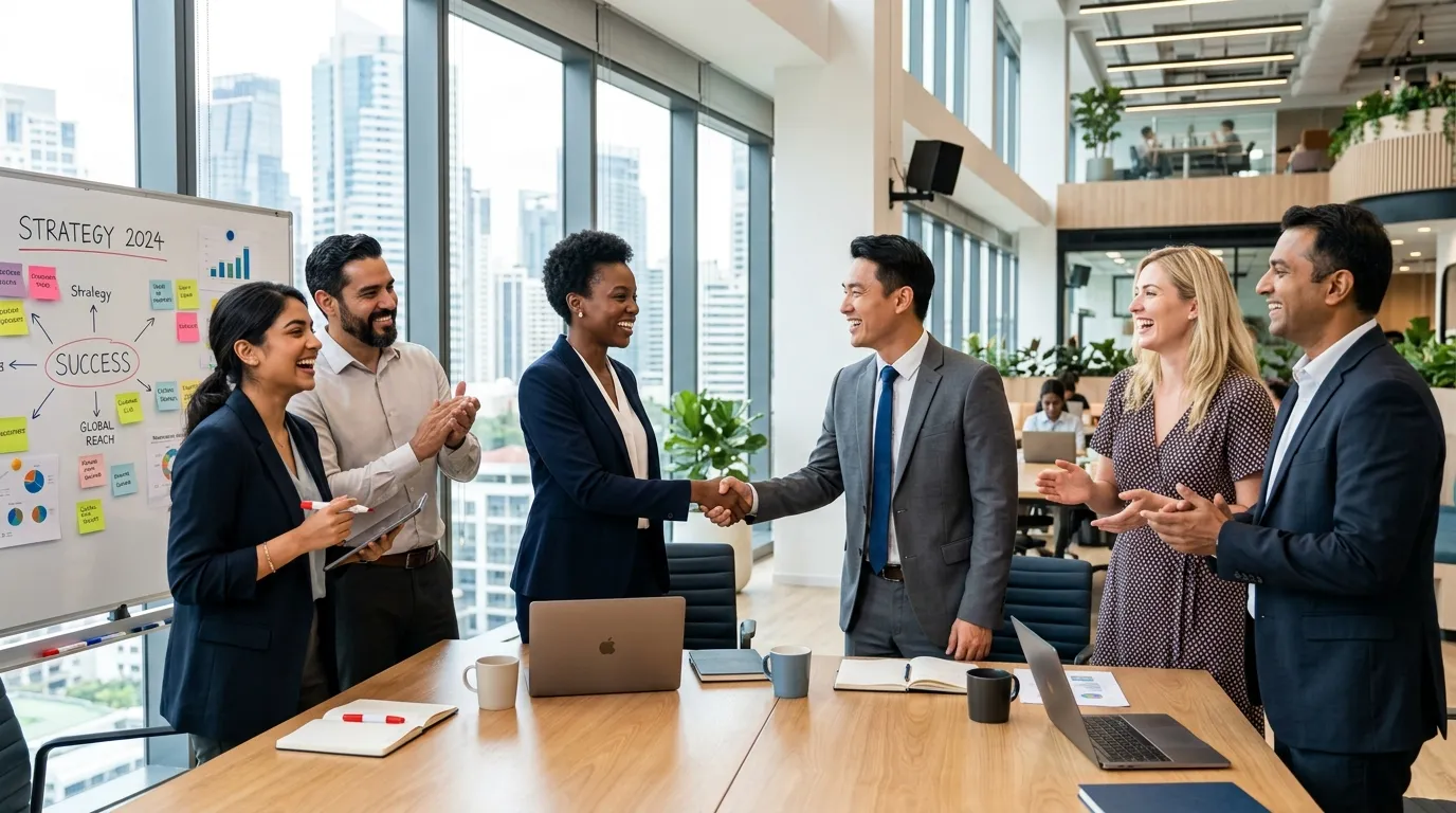 A dynamic, professional hero image showing a diverse team of professionals in a modern office settin... A dynamic, professional hero image showing a diverse team of professionals in a modern office setting, shaking hands and collaborating. The style is bright, optimistic, and high-contrast, with a focus on connection and success.