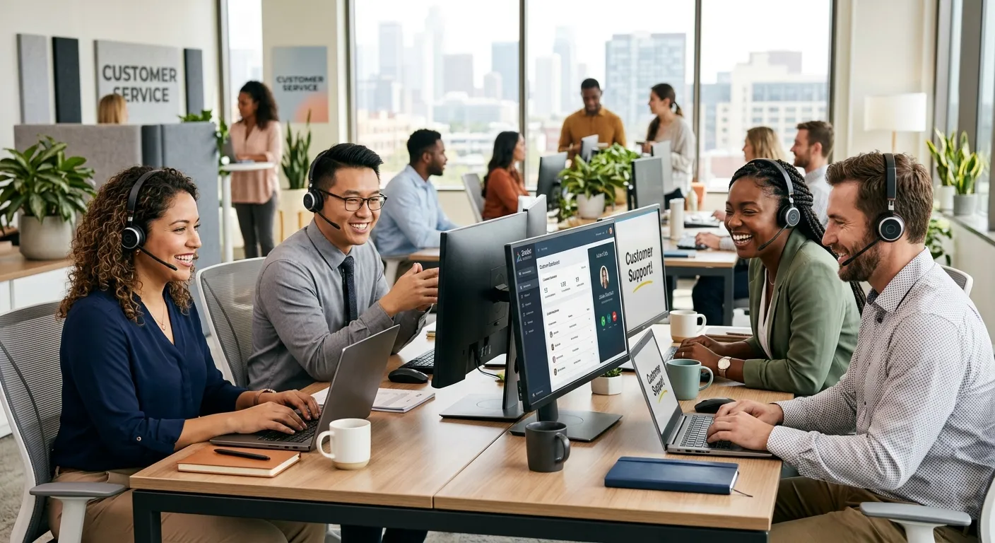 A diverse group of professional customer service representatives in a modern office setting, smiling... A diverse group of professional customer service representatives in a modern office setting, smiling and working collaboratively with headsets and computers. Professional, bright, and welcoming mood.