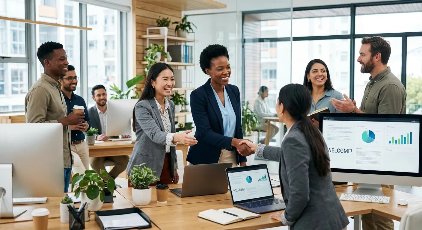 A professional, diverse group of workers in a modern office setting, smiling and collaborating. A hi... A professional, diverse group of workers in a modern office setting, smiling and collaborating. A hiring manager is shaking hands with a candidate. Style: bright, optimistic, professional. Mood: confident and successful.