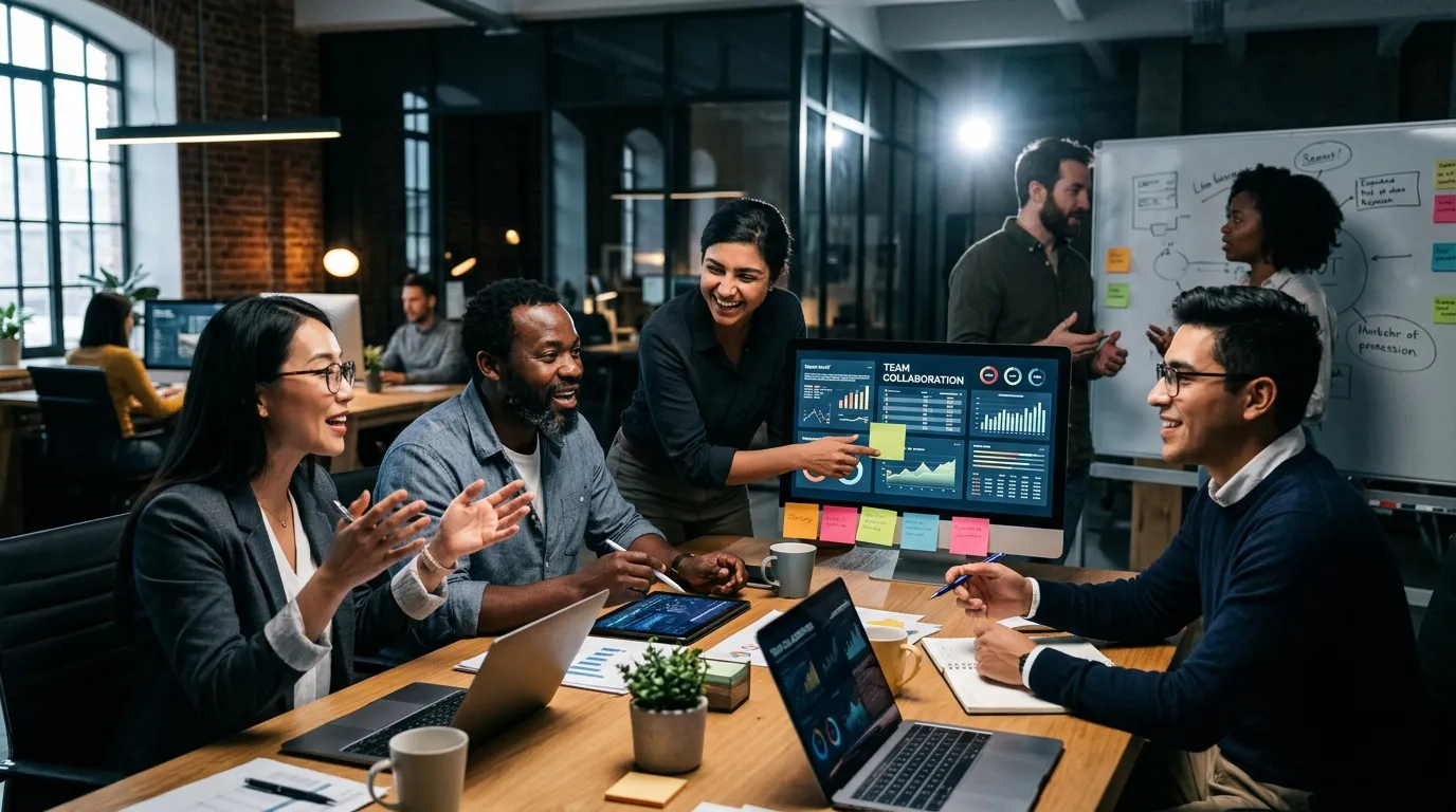 A dynamic, high-contrast hero image showing a diverse team of professionals collaborating in a moder... A dynamic, high-contrast hero image showing a diverse team of professionals collaborating in a modern office. Focus on energy, connection, and professionalism. Moody lighting with sharp highlights.