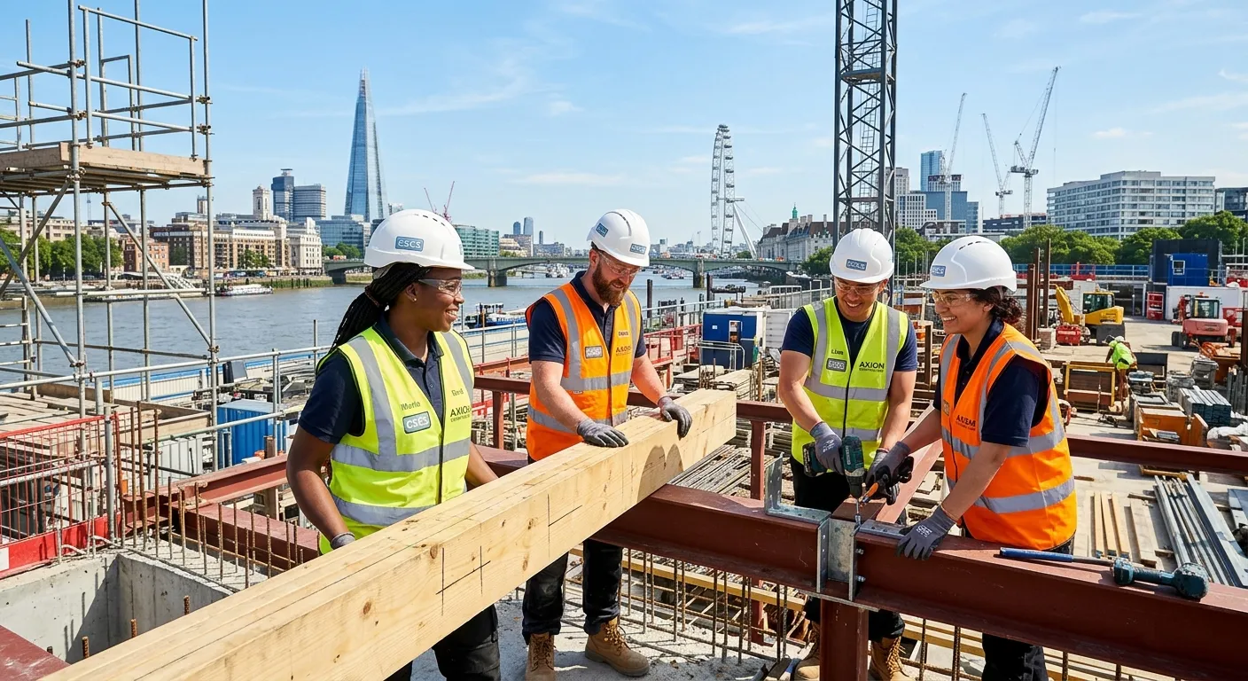 A professional, diverse group of CSCS Labourers in high-visibility vests and hard hats, working coll... A professional, diverse group of CSCS Labourers in high-visibility vests and hard hats, working collaboratively on a modern construction site in Central London, with landmarks like the London Eye or Shard in the distant background. Bright, optimistic, and action-oriented style.