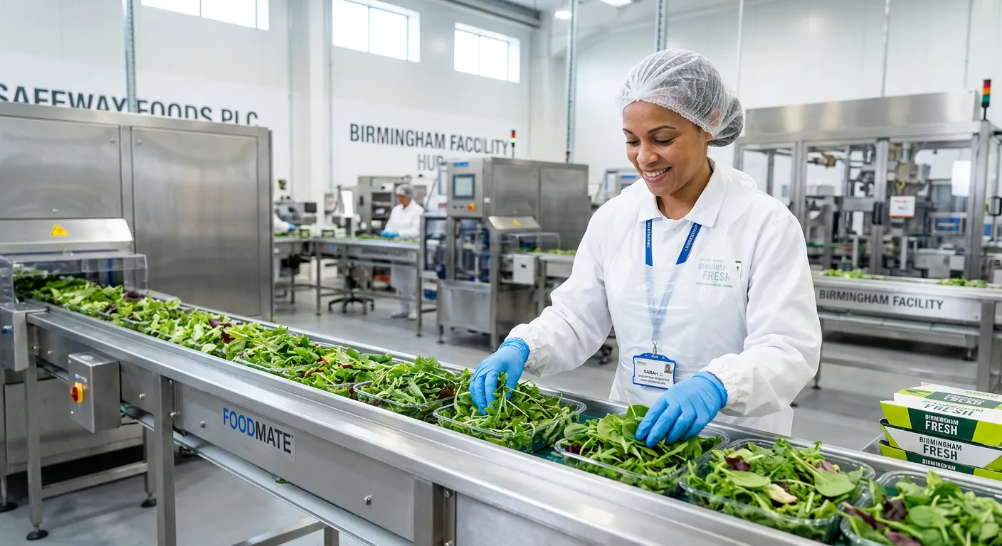 Professional, well-lit photo of a Food Production Operative in a clean, modern food manufacturing fa... Professional, well-lit photo of a Food Production Operative in a clean, modern food manufacturing facility in Birmingham, wearing hygienic PPE, carefully handling fresh produce on a conveyor belt. Style: Realistic, trustworthy, and inviting.