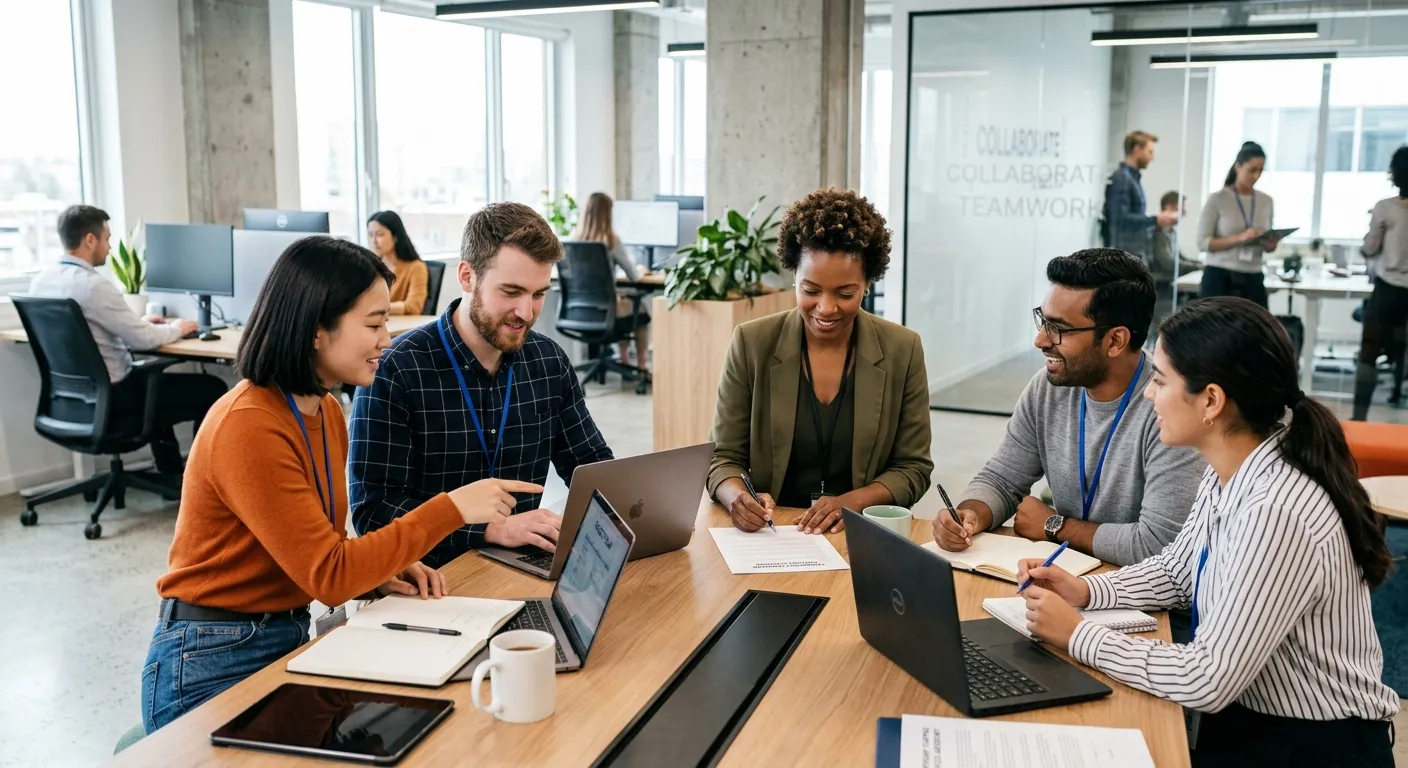 A professional, diverse group of temporary workers collaborating in a modern office environment, wit... A professional, diverse group of temporary workers collaborating in a modern office environment, with a manager reviewing a contract. Style: Bright, authentic, and focused on teamwork. Mood: Dynamic, efficient, and professional.