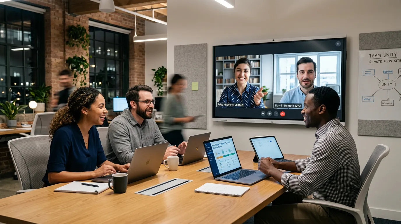 A dynamic, professional hero image showing a diverse team of remote and on-site professionals collab... A dynamic, professional hero image showing a diverse team of remote and on-site professionals collaborating seamlessly on digital screens in a modern office, symbolizing flexible workforce integration.