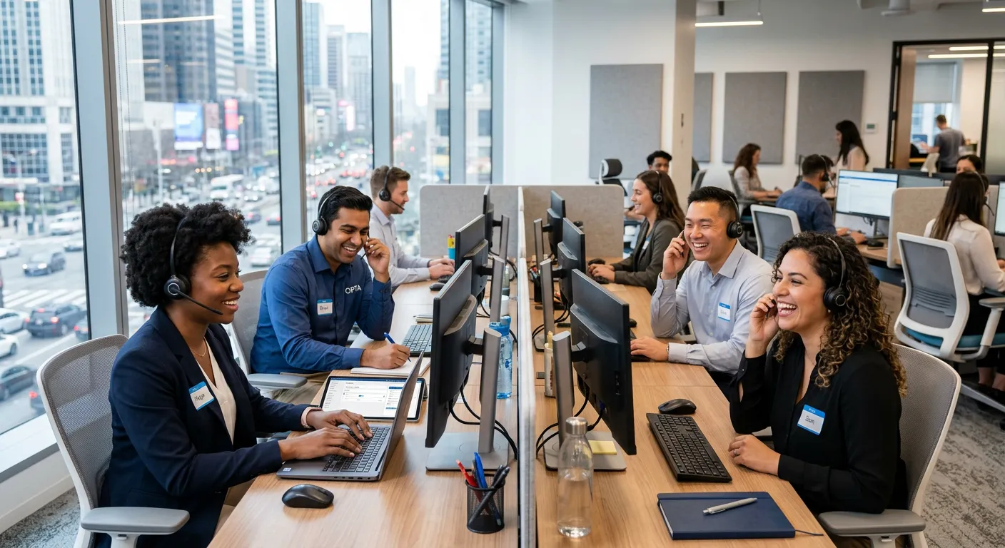 A diverse, professional team of customer service representatives in a modern contact centre, smiling and wearing headsets, with a blurred cityscape visible through a large window. Professional, bright, and energetic mood.