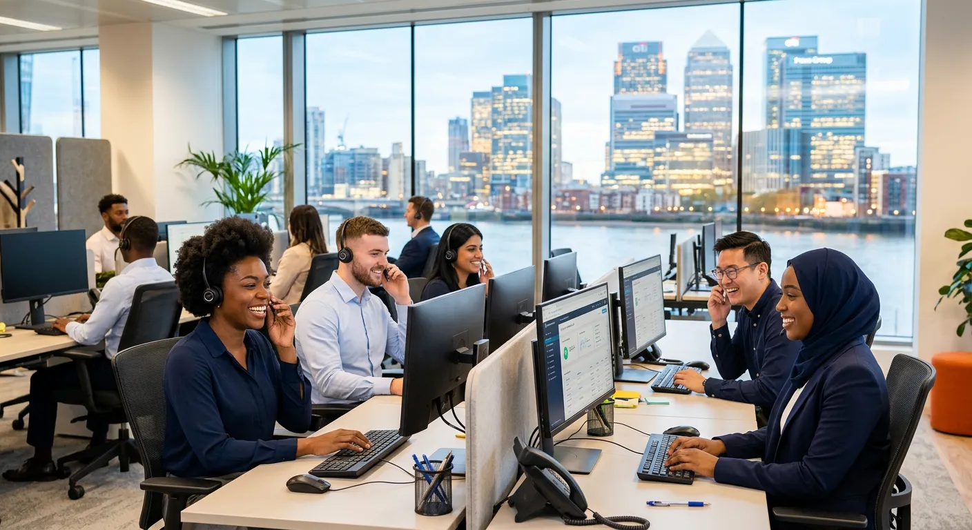 A professional, diverse team of customer service representatives in a modern call centre, smiling and wearing headsets, with a blurred cityscape of Canary Wharf visible through a large window. Style: Professional, bright, and aspirational. Mood: Competent, energetic, and trustworthy.