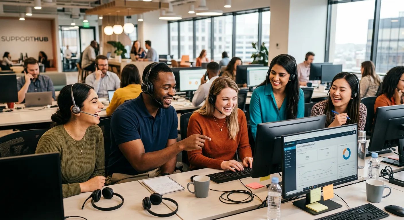 A dynamic, professional hero image showing a diverse team of customer service representatives in a m... A dynamic, professional hero image showing a diverse team of customer service representatives in a modern call centre or office, smiling and collaborating. The image should have a warm, energetic mood, with soft focus on the background to highlight the people.