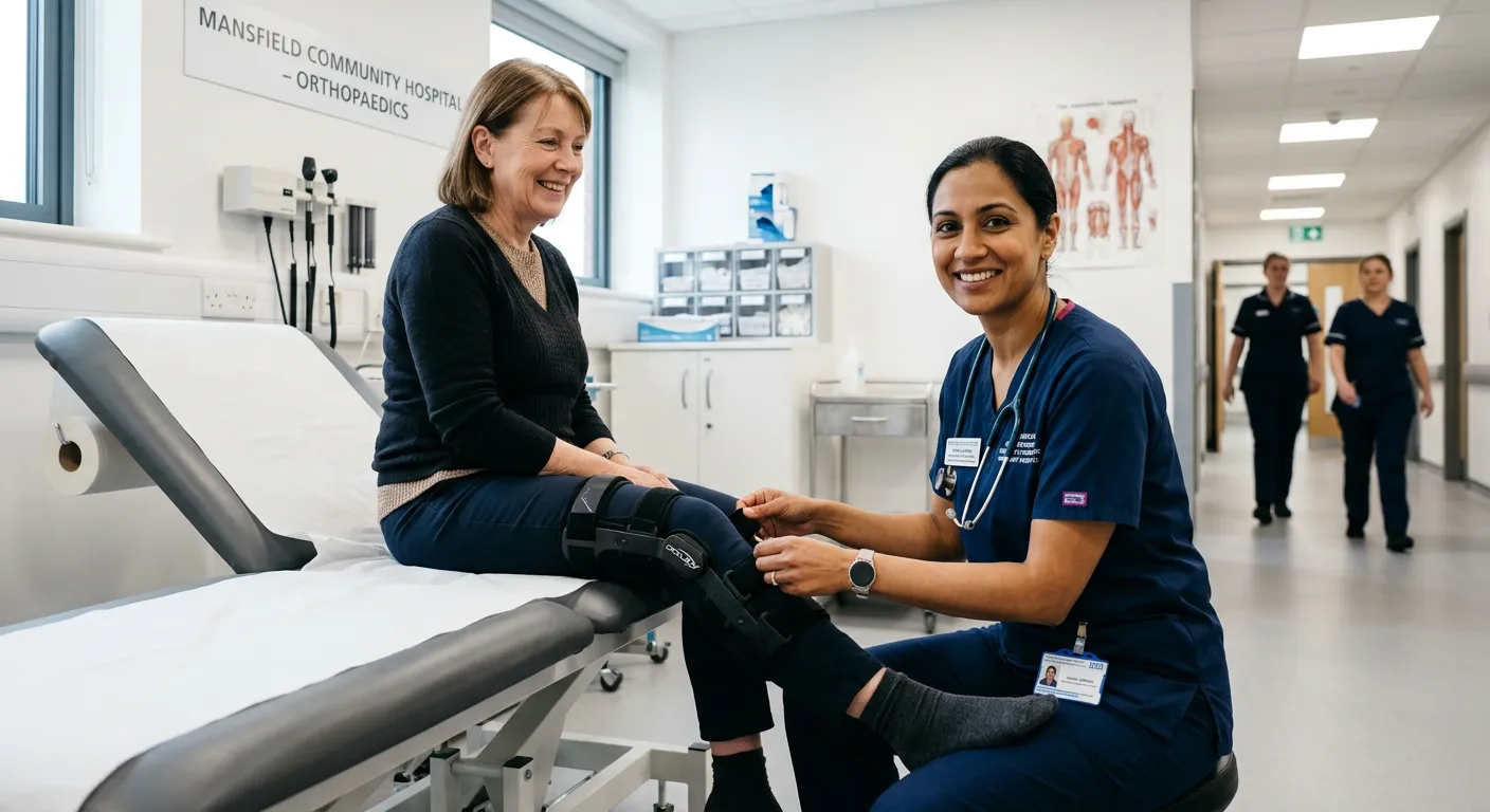 A professional, confident Orthopaedic Practitioner in a clinical setting in Mansfield, assisting a p... A professional, confident Orthopaedic Practitioner in a clinical setting in Mansfield, assisting a patient with a supportive brace, looking directly at the camera with a reassuring smile. Bright, clean, and modern hospital atmosphere.