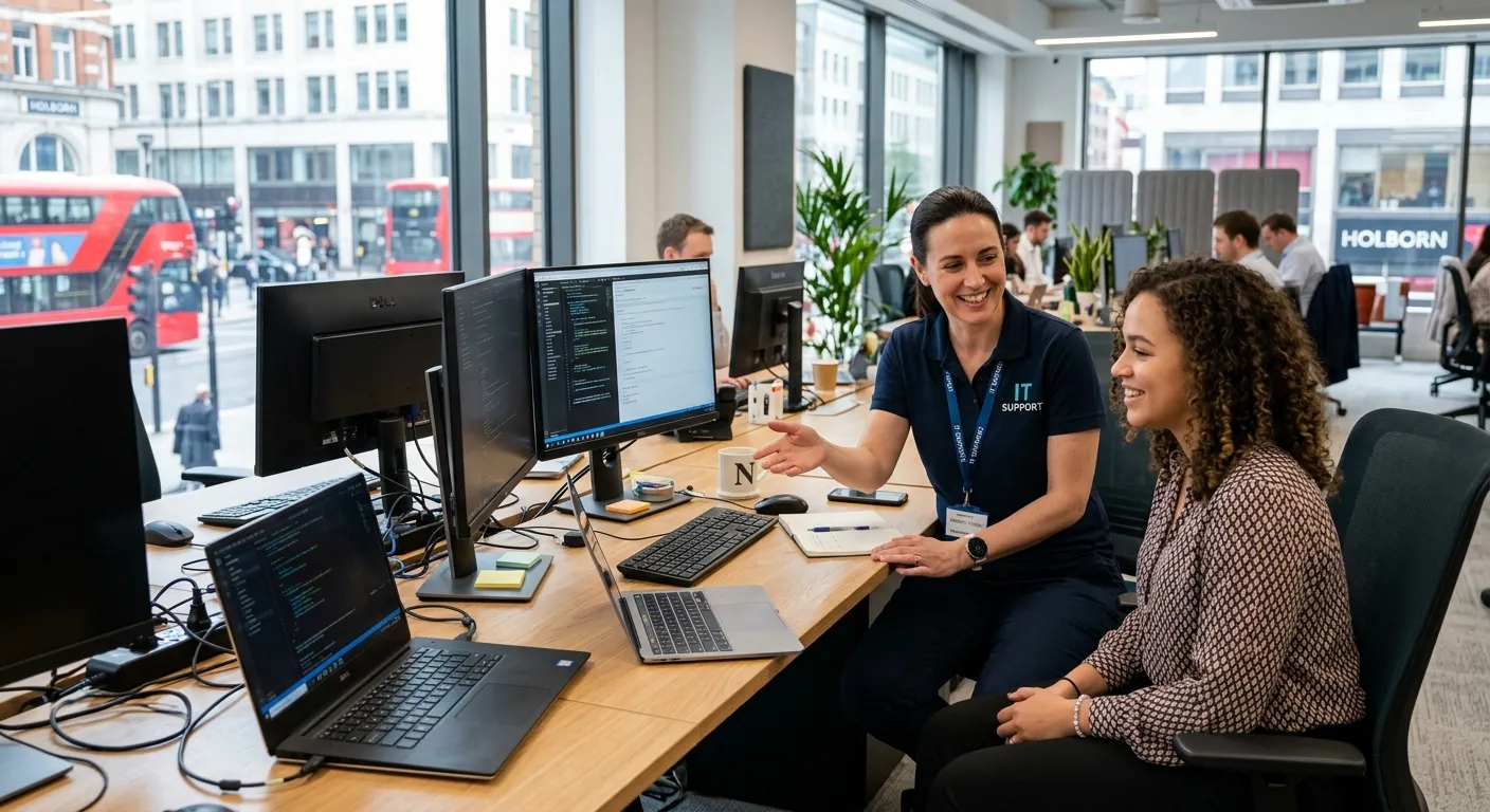 A professional, friendly IT Support Technician assisting a colleague at a modern desk in a Holborn office, with laptops and monitors visible, conveying a helpful, tech-savvy atmosphere.