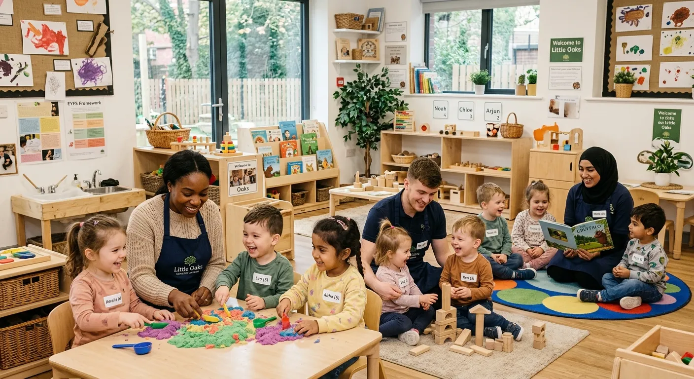 A warm, professional photo of a diverse group of early years practitioners engaging with happy, smil... A warm, professional photo of a diverse group of early years practitioners engaging with happy, smiling children in a bright, well-equipped London nursery setting.