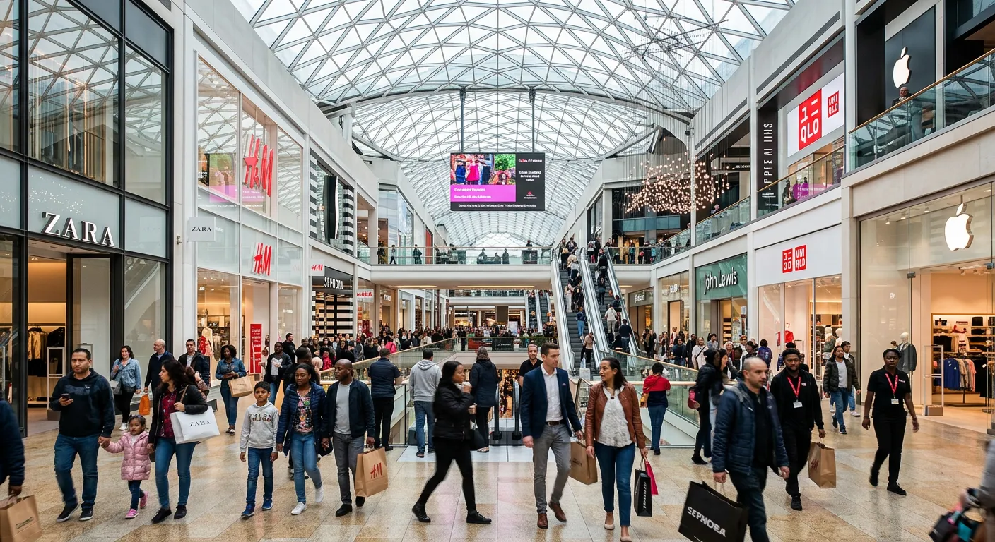 A dynamic, wide-angle shot of the interior of Westfield White City shopping centre, focusing on bust... A dynamic, wide-angle shot of the interior of Westfield White City shopping centre, focusing on bustling retail stores and a diverse crowd of shoppers and staff. Professional, bright, and energetic mood.