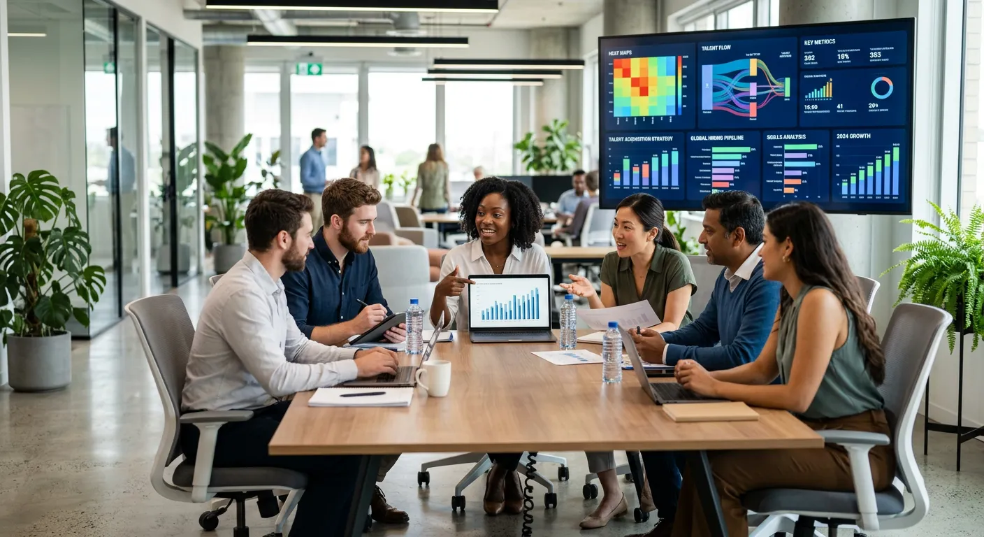 A modern, diverse team of professionals collaborating in a bright, tech-forward office space, with d... A modern, diverse team of professionals collaborating in a bright, tech-forward office space, with data visualizations on a screen in the background, symbolizing strategic talent acquisition.