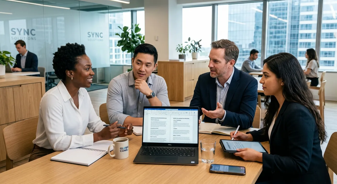 A professional, modern office setting with a diverse team collaborating. A German and English docume... A professional, modern office setting with a diverse team collaborating. A German and English document is visible on a laptop screen, symbolizing cross-cultural business. Style: Clean, bright, professional photography with a focus on communication and technology.