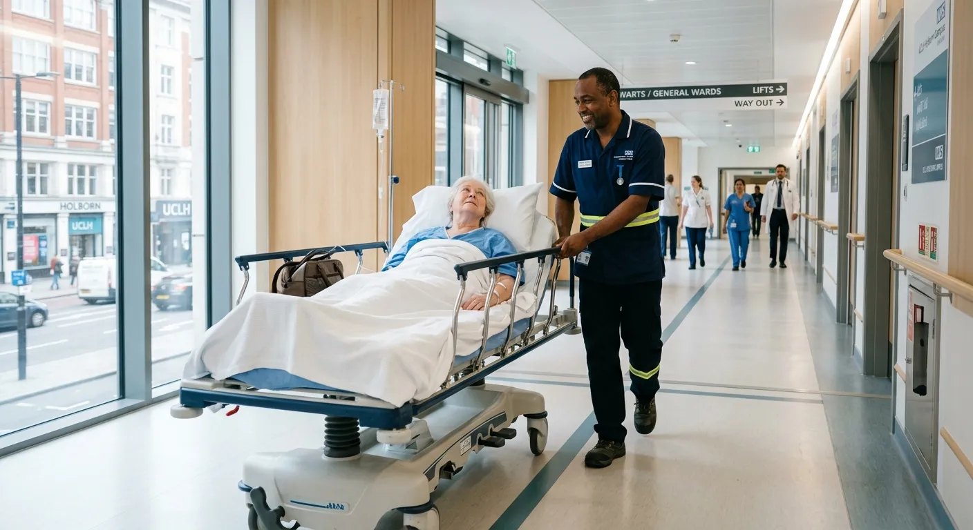 A professional, well-lit photograph of a friendly, uniformed hospital porter in a modern, clean hosp... A professional, well-lit photograph of a friendly, uniformed hospital porter in a modern, clean hospital corridor in Holborn, gently pushing a patient on a trolley bed. The atmosphere should be calm, efficient, and professional.