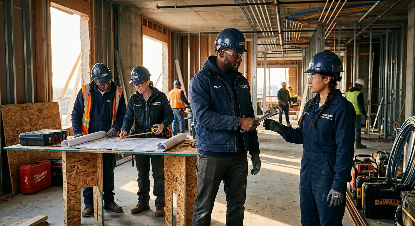 A professional, high-contrast image of a diverse team of plumbers and their mates working collaborat... A professional, high-contrast image of a diverse team of plumbers and their mates working collaboratively on a modern construction site. One is handing a tool, another is reading a blueprint. The mood is focused, skilled, and professional.