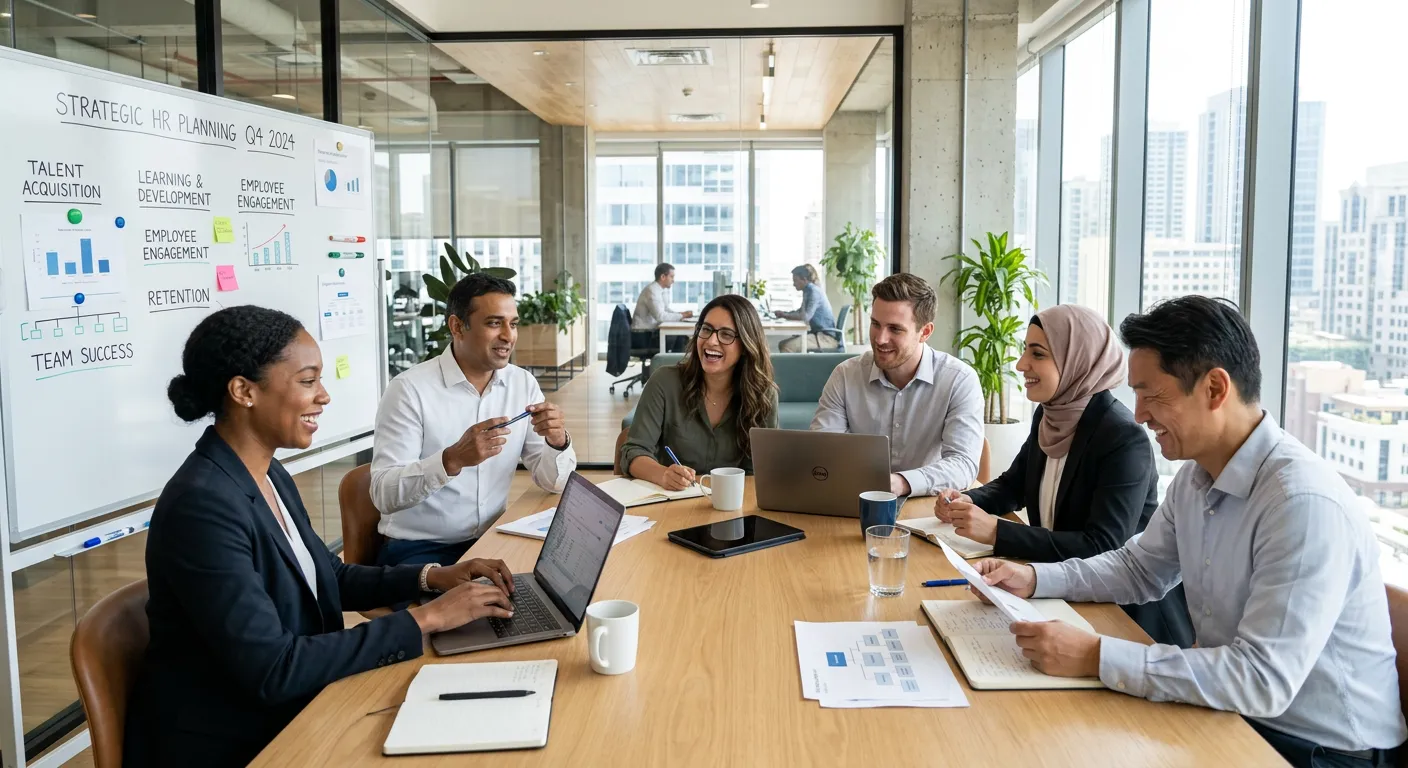 A diverse group of modern professionals collaborating in a bright, sunlit office, showcasing teamwork and strategic HR planning. Style: Professional, aspirational, high-resolution corporate photography.